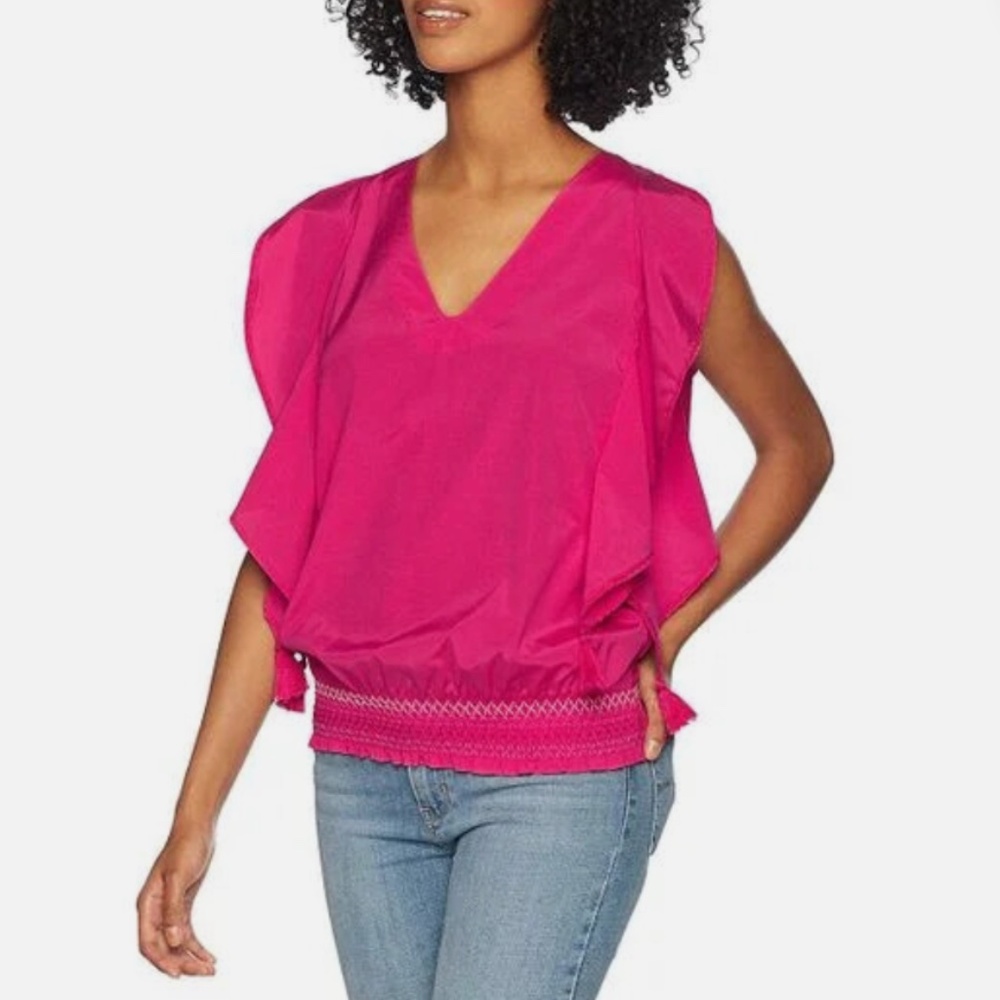 Trina Turk Bright Pink Cancun Ruffled Silk Cotton Smocked Top Sz.S New With Tags